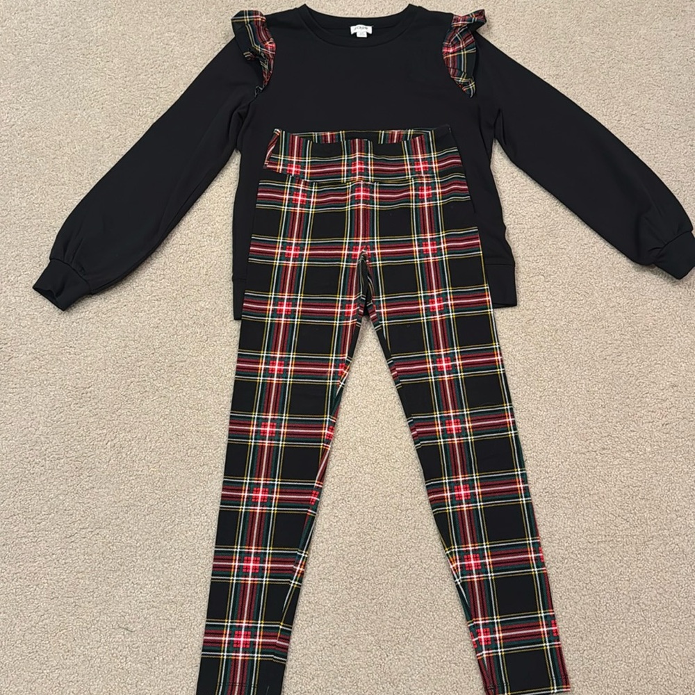 J Crew Factory Matching holiday plaid top and leggings.